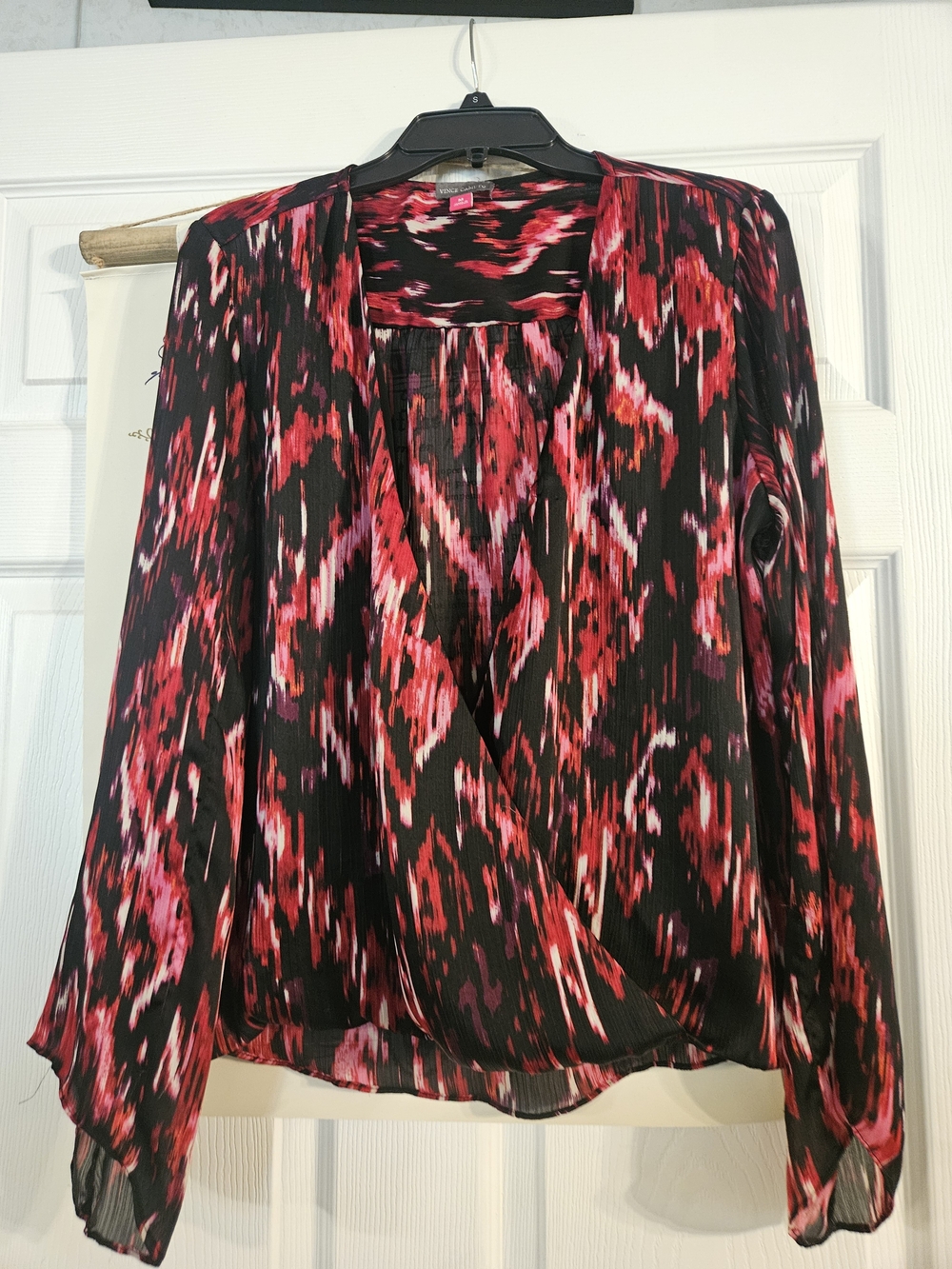 Vince Camuto Black, Red and Pink Abstract Print Long Sleeve Surplice Blouse